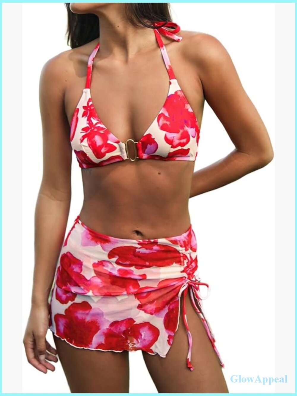 Three Piece Bikini Set Halter Top Cheeky Bottom Mesh Sarong Skirt Swimsuit